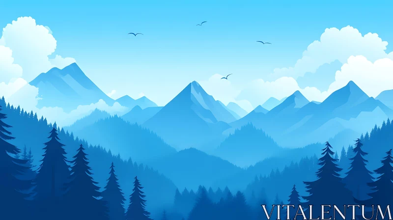 AI ART Peaceful Blue Mountains and Forest View