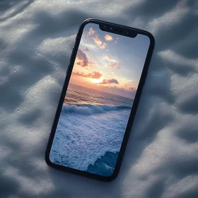 Smartphone displaying ocean sunset