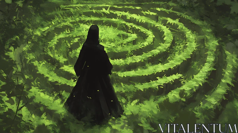 The Green Labyrinth and the Dark Wanderer AI Image