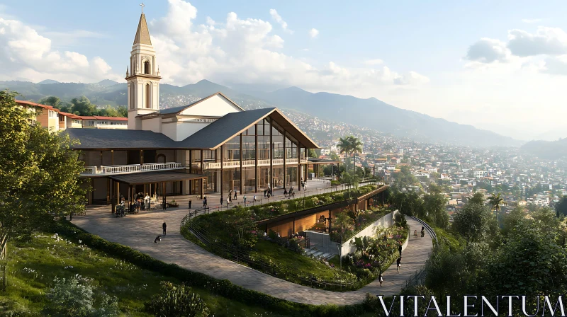 Contemporary Hilltop Church with City and Mountain Views AI Image