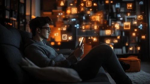 Smartphone User Surrounded by Digital Interface