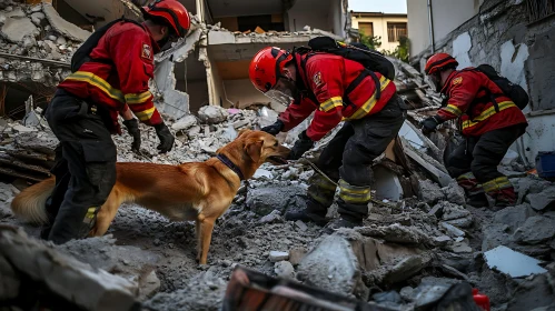 Emergency Team with Dog Amidst Debris