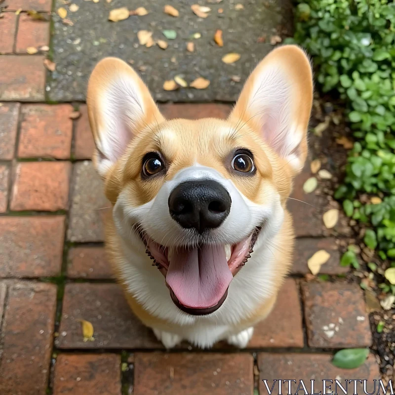 Smiling Corgi Puppy Outdoors on a Brick Path AI Image