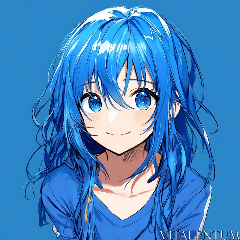 Smiling Blue-Haired Anime Girl AI Image