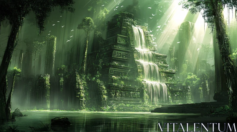 AI ART Lush Forest Temple with Waterfall