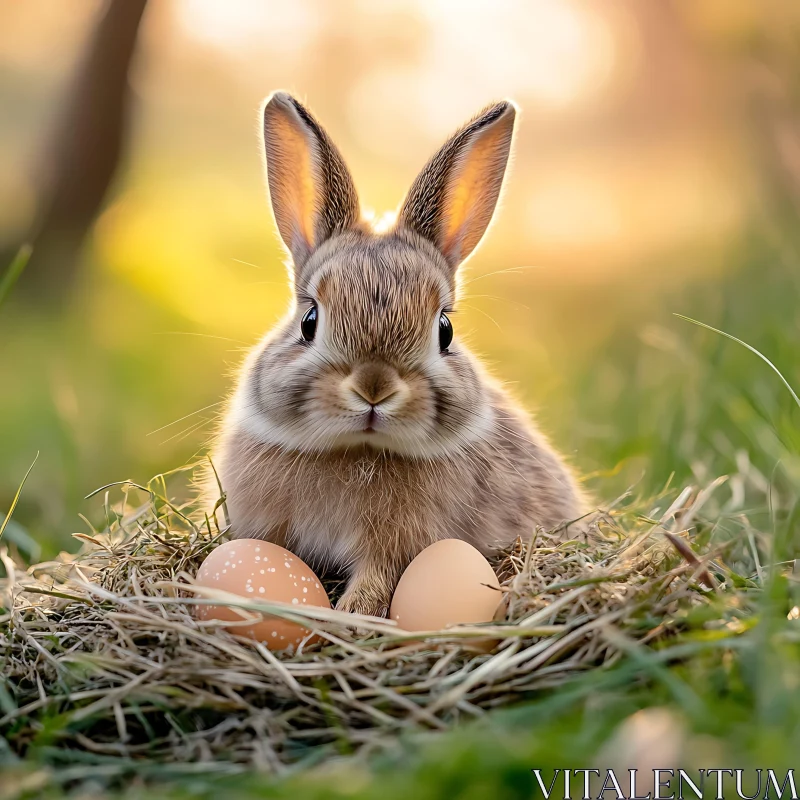 Sweet Bunny Scene with Easter Eggs AI Image