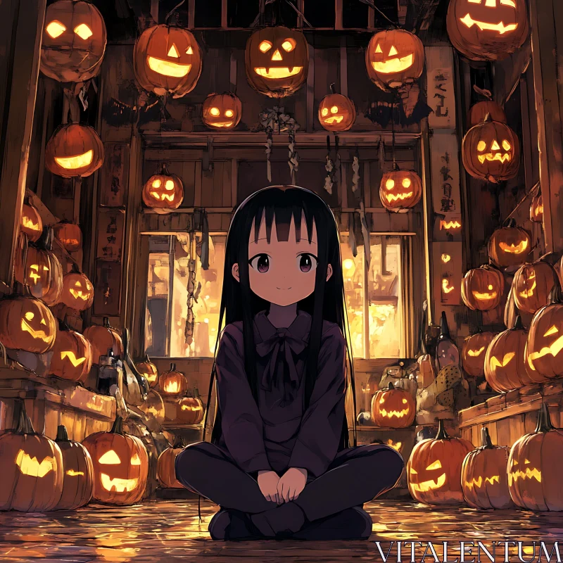 Halloween Anime Scene with Glowing Pumpkins AI Image