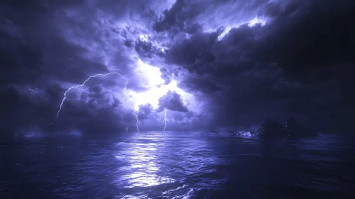 Night Sea Storm with Lightning