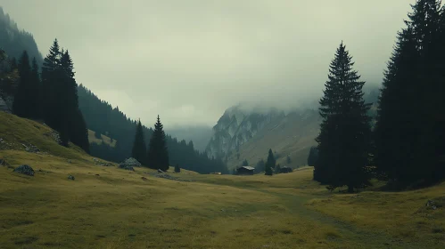 Foggy Mountain Valley with Coniferous Trees