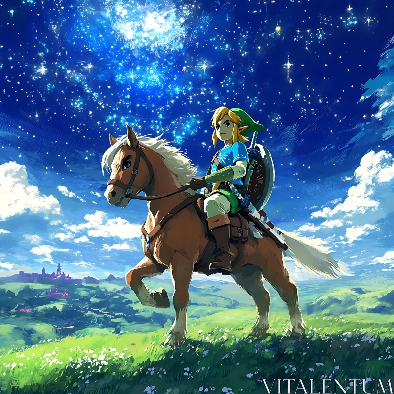 Adventurer on Horseback under Starry Sky AI Image