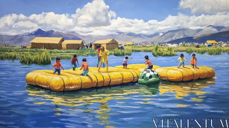 AI ART Uros Children at Play on Titicaca Lake