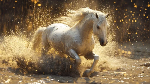 Galloping White Horse in Golden Light