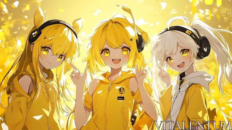 Bright Yellow Anime Characters Posing Happily AI Image