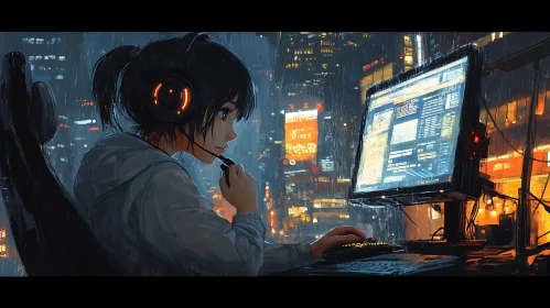 Rainy Night Gaming Anime Illustration