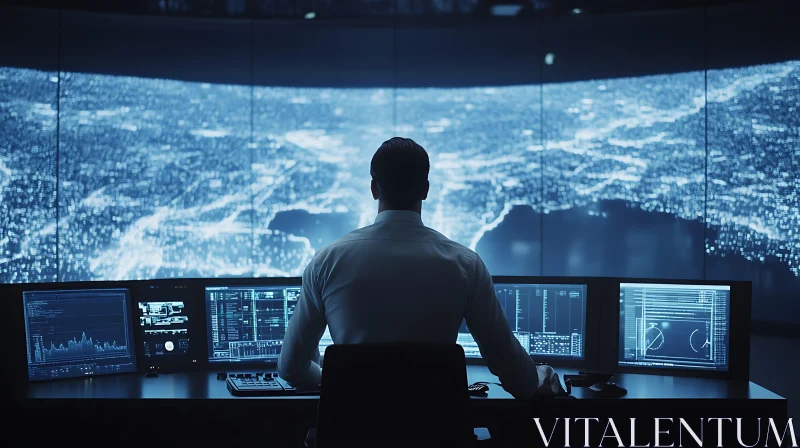 Man in Control Room with Data Screens AI Image