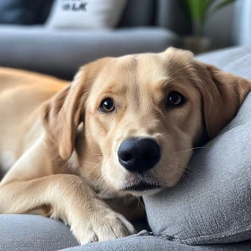 Relaxed Golden Retriever on Grey Couch