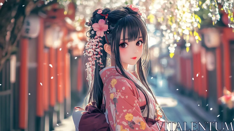 Anime Geisha in Spring Blossom Setting AI Image