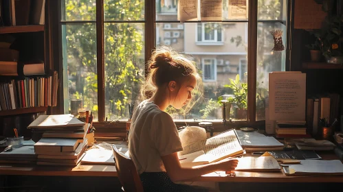 Young Woman Studying in Sunlight