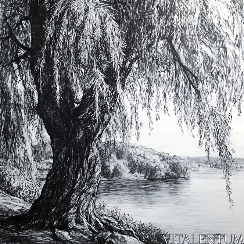Monochrome Willow Tree by the Water AI Image