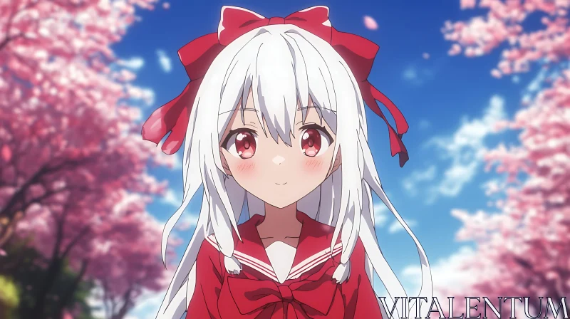 Cherry Blossom Anime Girl with Red Bow AI Image