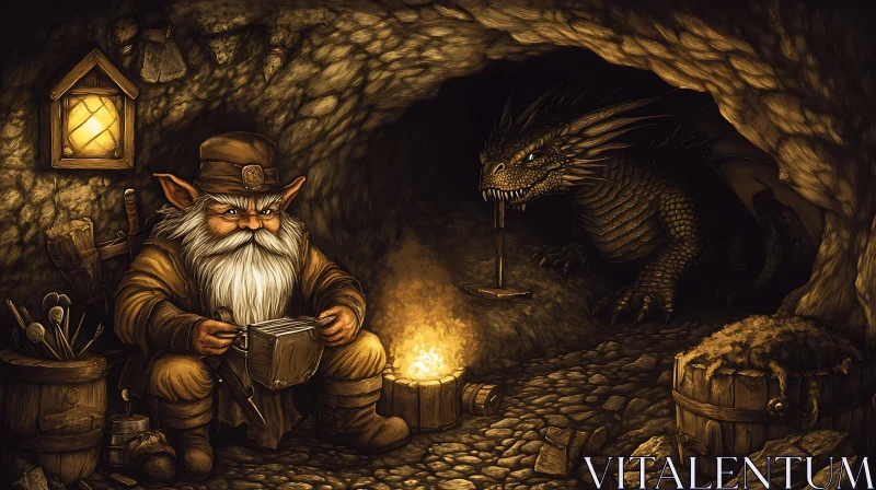 AI ART Fantasy Cave Encounter: Dwarf and Dragon