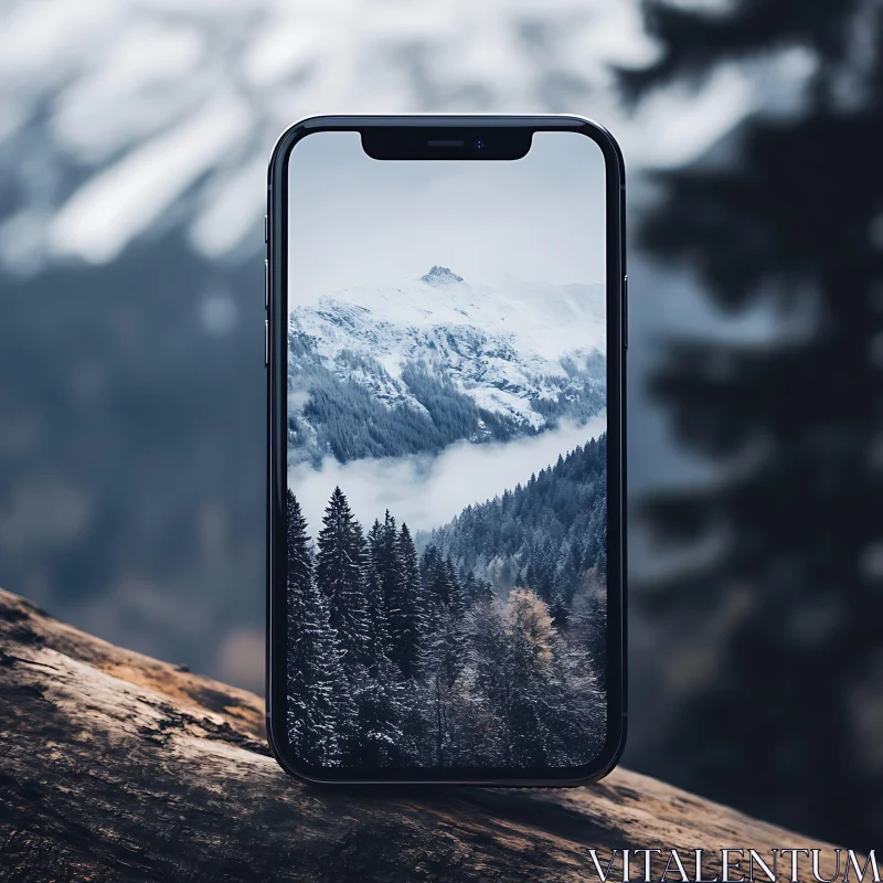 Winter Mountain View Through Mobile Screen AI Image