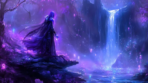 Mystical Figure by a Glowing Waterfall