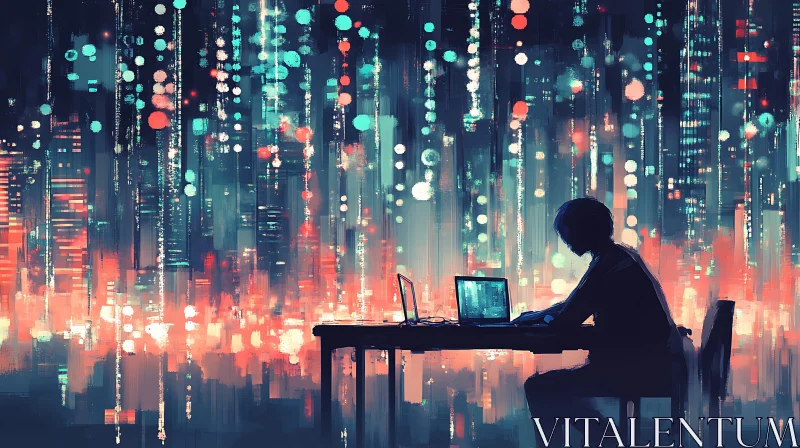 Cyberpunk Night Scene with Person at Desk AI Image