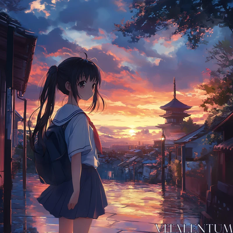 Contemplative Anime Girl at Sunset Urban Scene AI Image