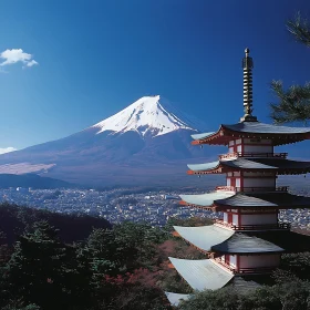 Japanese Pagoda with Mountain Scenery