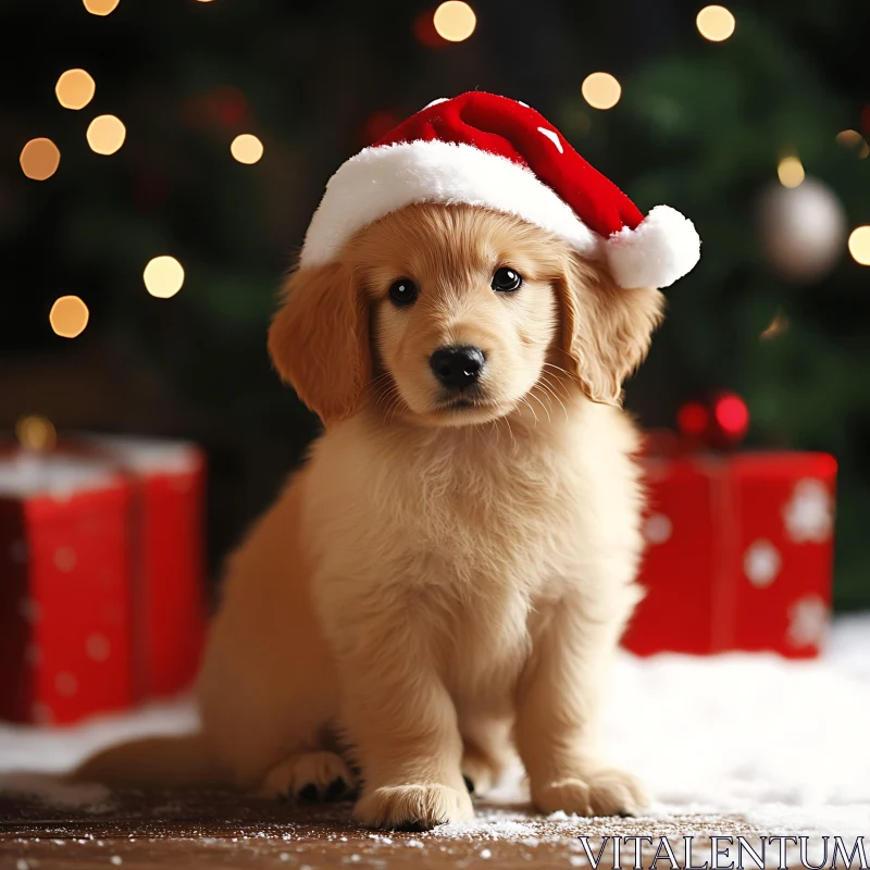 Cute Puppy in Santa Hat | Christmas Holiday Scene AI Image