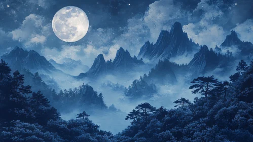 Tranquil Mountain Landscape Under Moonlight