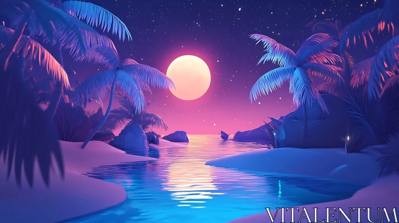 Moonlit Beach with Palm Trees AI Image