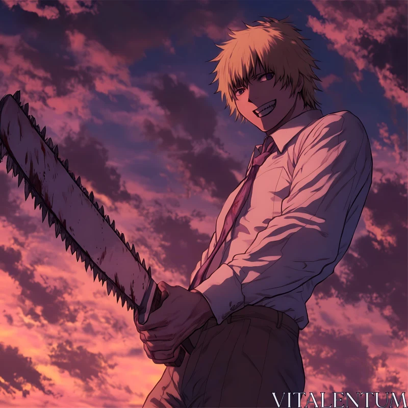 Sunset Anime Scene Featuring Chainsaw Wielding Character AI Image