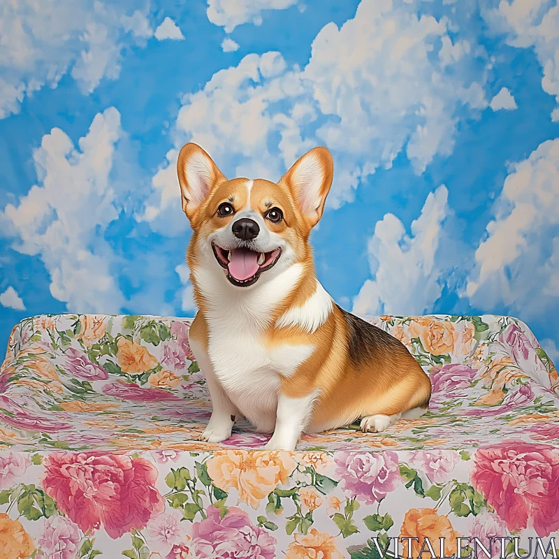 Joyful Corgi Posing with Cloudy Sky and Floral Patterns AI Image