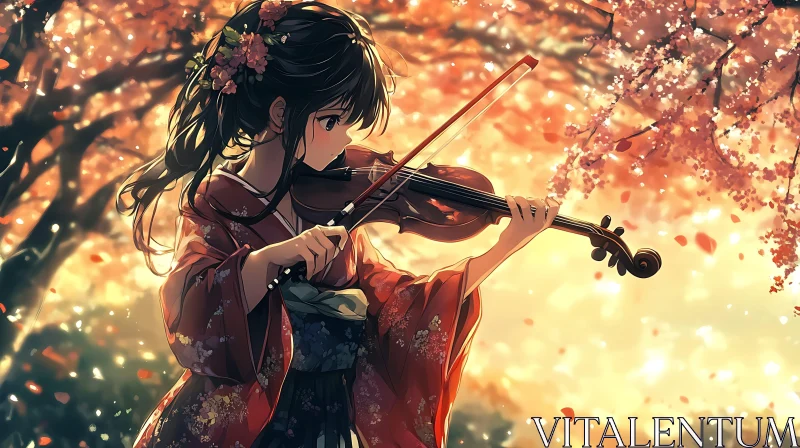 Girl with Violin in Blooming Sakura Garden AI Image