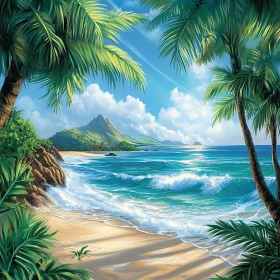 Seascape View with Palm Trees and Mountain