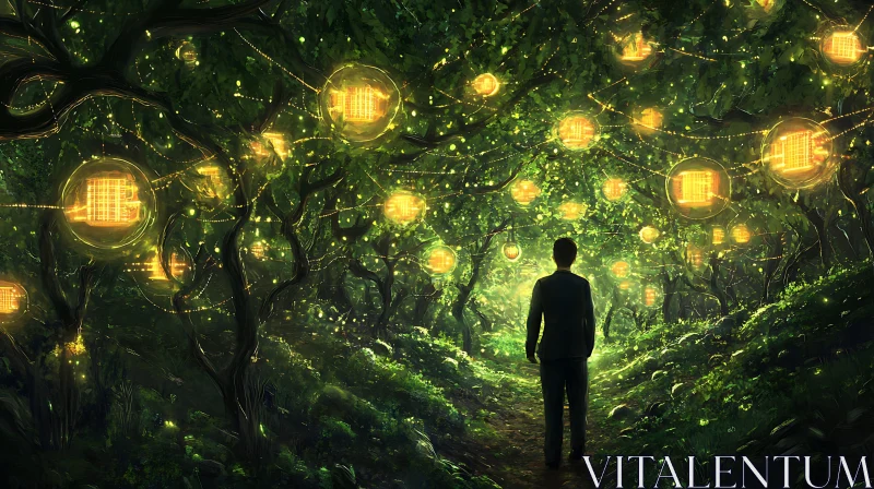 AI ART Mystical Forest Path with Luminous Spheres