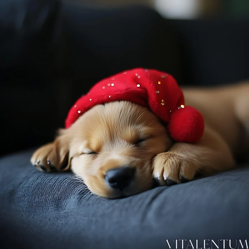 Cute Golden Retriever Puppy Wearing Santa Hat Taking a Nap AI Image