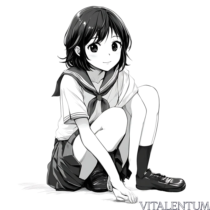 Anime Girl Sitting in School Uniform Illustration AI Image