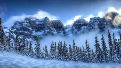 Winter Scene with Mountains and Trees