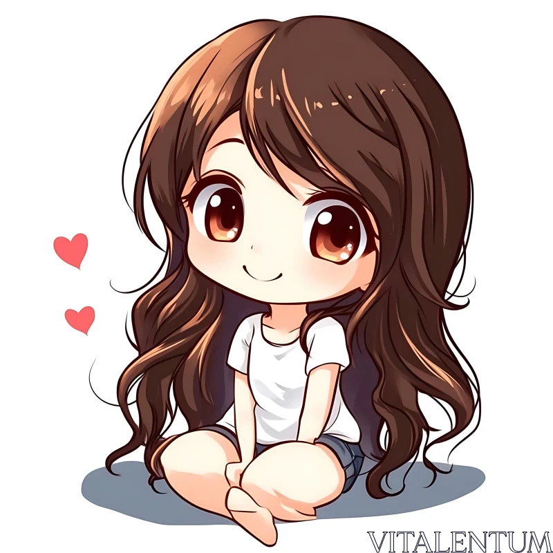 Cute Chibi Character with Long Hair and Hearts AI Image