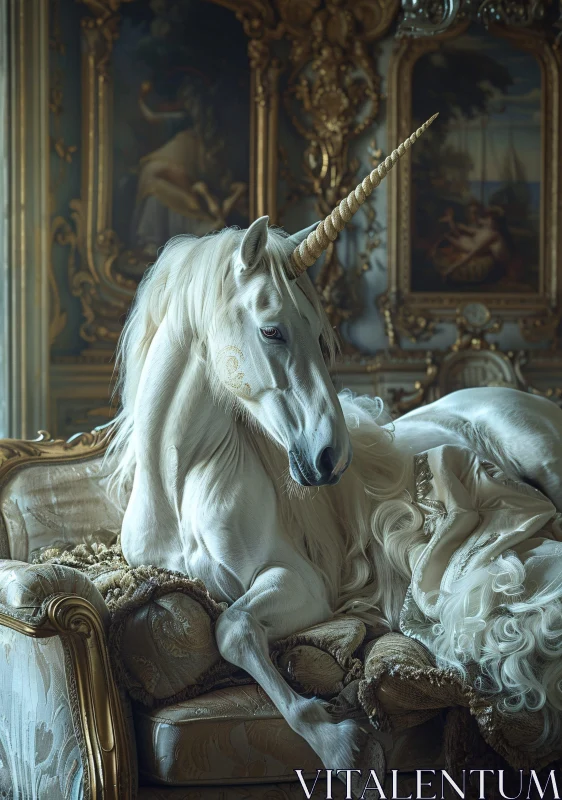 Regal Unicorn Resting on an Opulent Couch AI Image