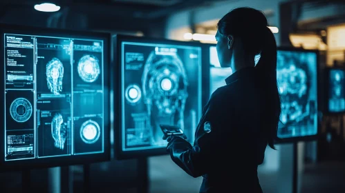 Woman Analyzing Data on Futuristic Monitors