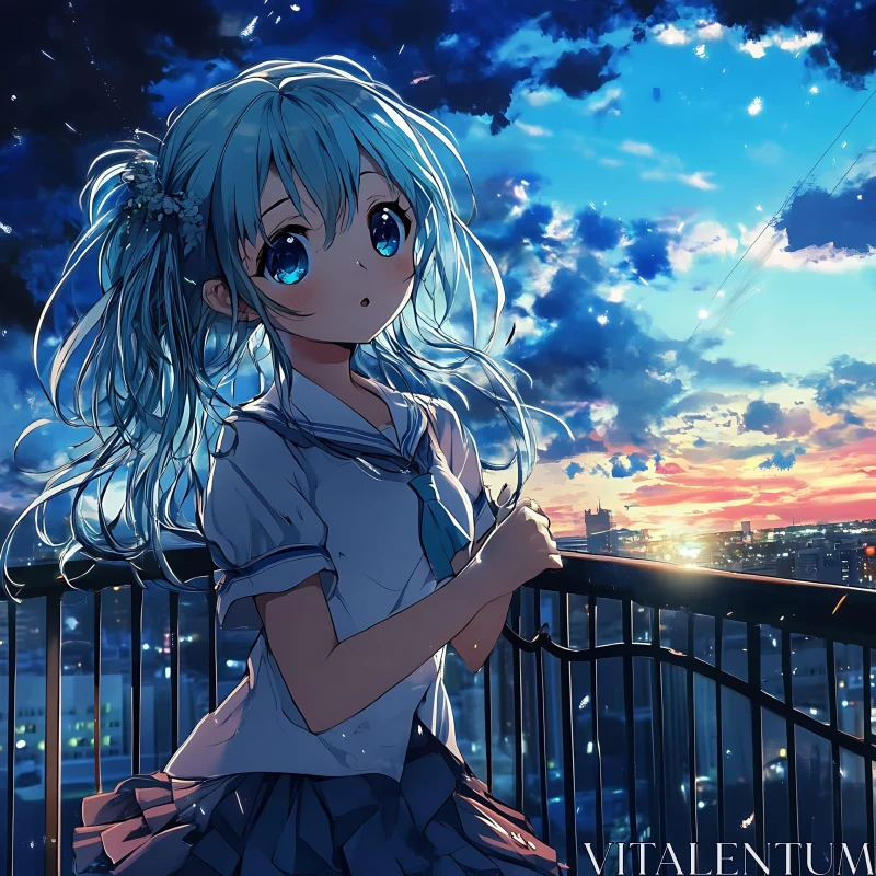 Blue-Haired Anime Girl at Sunset AI Image