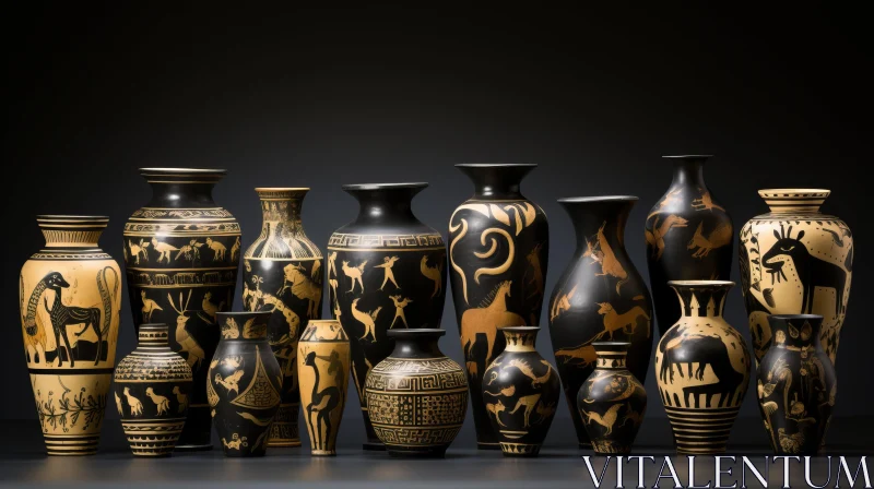 Ancient Styled Ceramic Vases with Animal Motifs AI Image