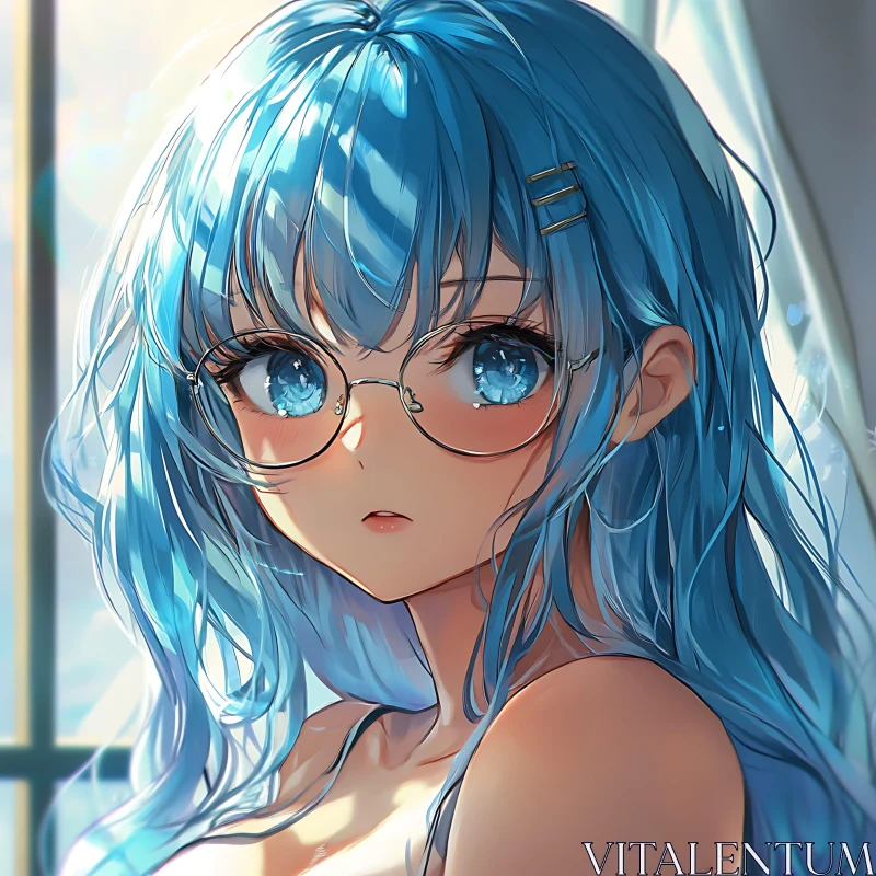 AI ART Manga Girl with Blue Hair and Glasses