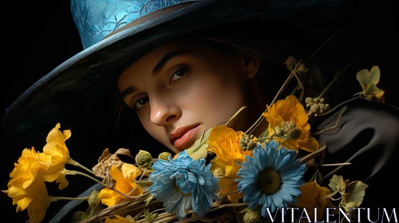 Beautiful Woman with Blue Hat and Flowers - Realistic Fantasy Artwork AI Image
