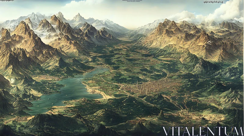 Scenic Valley View with Mountains and City AI Image