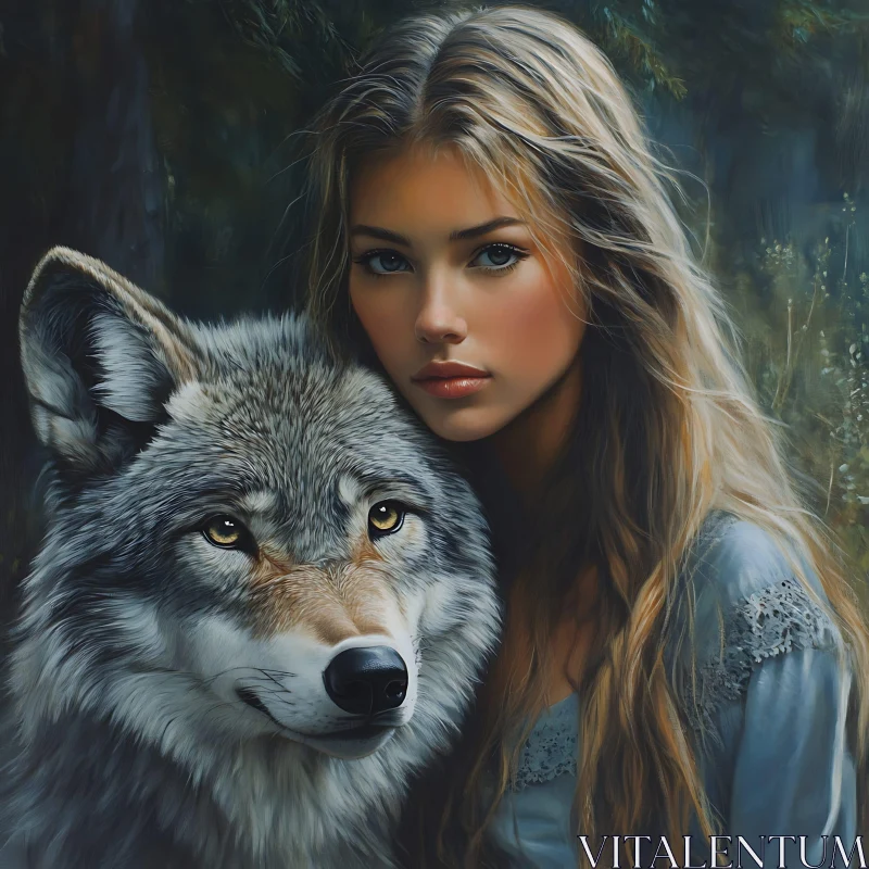 AI ART Portrait of Girl with Wolf Companion